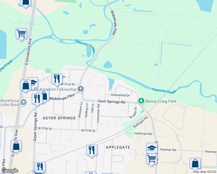 map of restaurants, bars, coffee shops, grocery stores, and more near 15 Elmhurst Drive in Little Rock