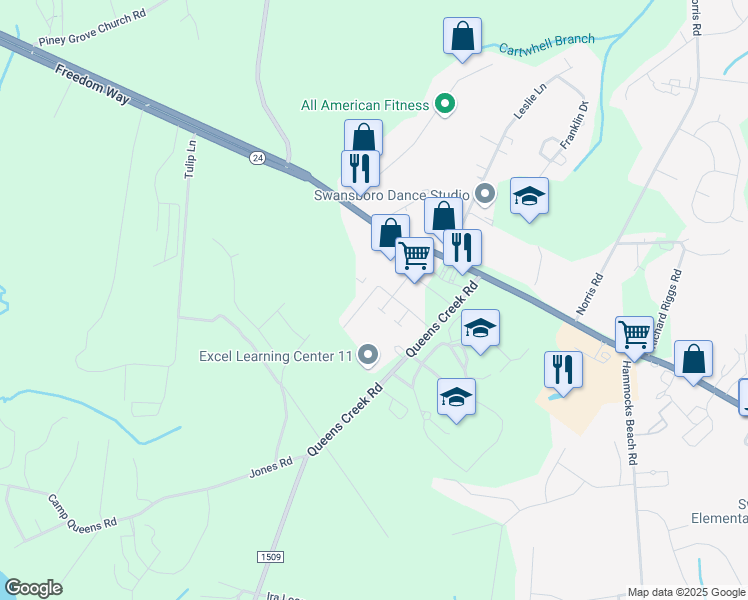 map of restaurants, bars, coffee shops, grocery stores, and more near 59 Pirates Cove Drive in Swansboro