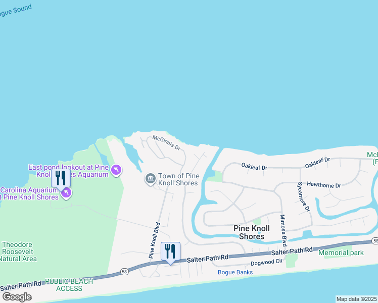 map of restaurants, bars, coffee shops, grocery stores, and more near 105 Cottonwood Court in Pine Knoll Shores