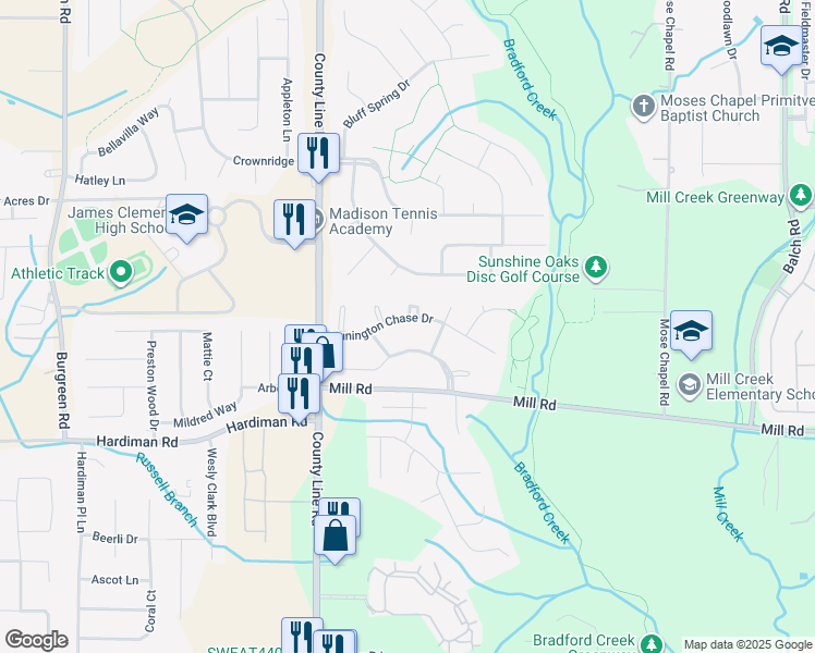 map of restaurants, bars, coffee shops, grocery stores, and more near 124 Hunington Chase Drive in Madison