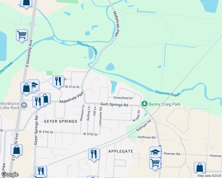 map of restaurants, bars, coffee shops, grocery stores, and more near 15 Elmhurst Drive in Little Rock