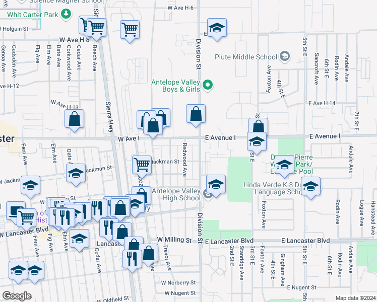 map of restaurants, bars, coffee shops, grocery stores, and more near 45124 Redwood Avenue in Lancaster