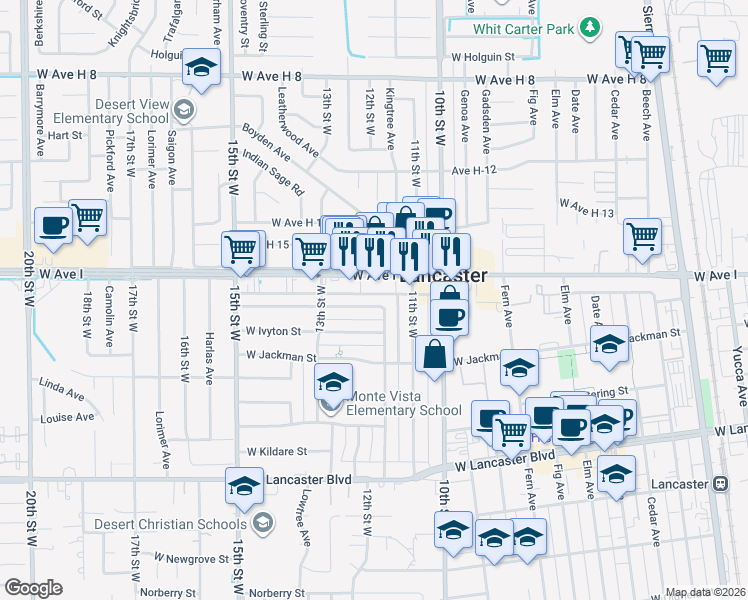 map of restaurants, bars, coffee shops, grocery stores, and more near 1147 West Ivesbrook Street in Lancaster