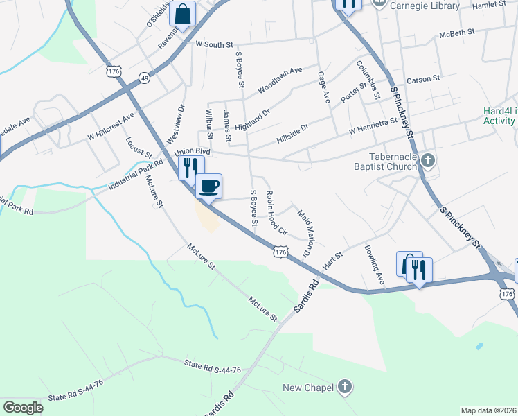 map of restaurants, bars, coffee shops, grocery stores, and more near 800 South Boyce Street in Union