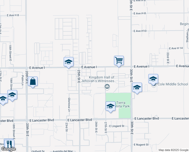 map of restaurants, bars, coffee shops, grocery stores, and more near 45117 Biscay Avenue in Lancaster