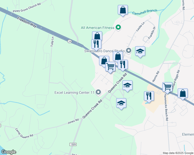 map of restaurants, bars, coffee shops, grocery stores, and more near 26 Pirates Cove Drive in Swansboro