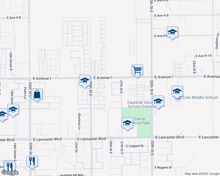 map of restaurants, bars, coffee shops, grocery stores, and more near 45117 Biscay Avenue in Lancaster