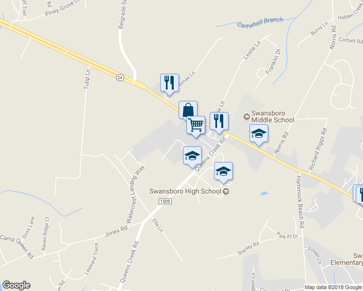 map of restaurants, bars, coffee shops, grocery stores, and more near 65 Crush Court in Swansboro