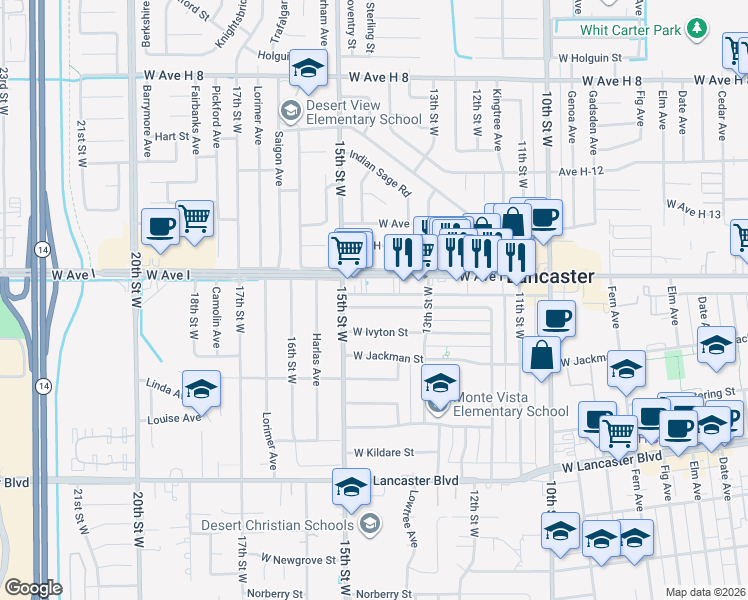map of restaurants, bars, coffee shops, grocery stores, and more near 1417 West Ivesbrook Street in Lancaster