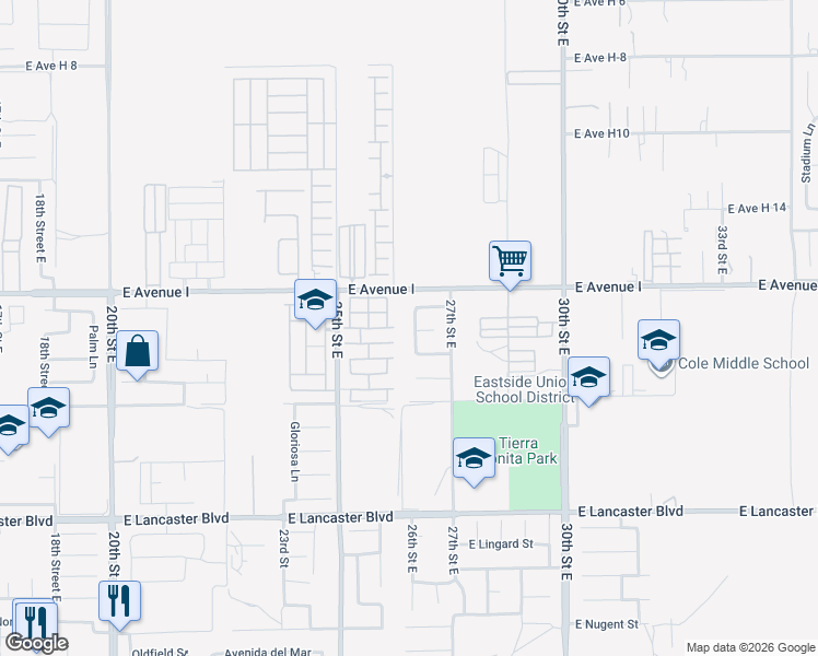 map of restaurants, bars, coffee shops, grocery stores, and more near 45117 Biscay Avenue in Lancaster