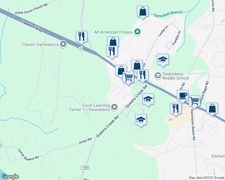 map of restaurants, bars, coffee shops, grocery stores, and more near 26 Pirates Cove Drive in Swansboro