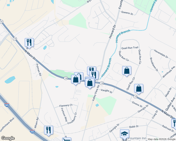 map of restaurants, bars, coffee shops, grocery stores, and more near 1124 North Main Street in Fountain Inn
