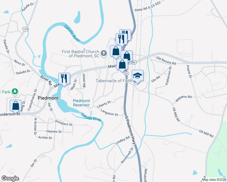 map of restaurants, bars, coffee shops, grocery stores, and more near 8 Sue Cleveland School Road in Piedmont