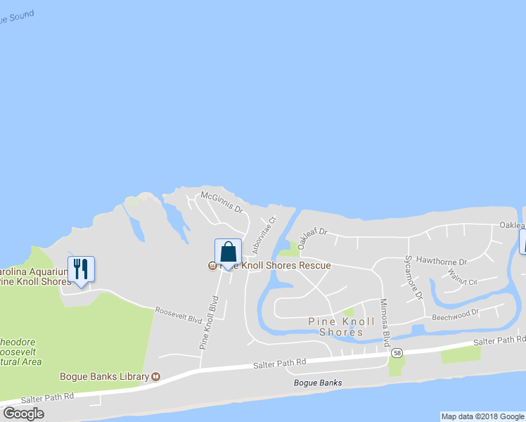 map of restaurants, bars, coffee shops, grocery stores, and more near 104 Cottonwood Court in Pine Knoll Shores