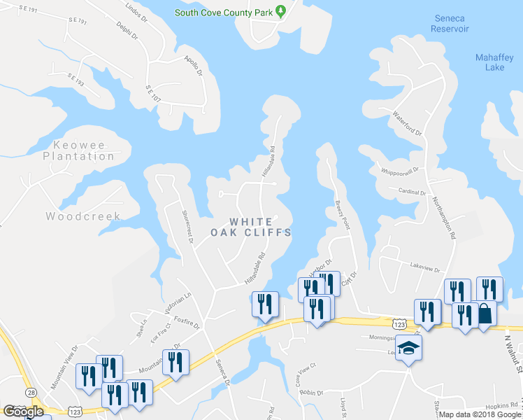 map of restaurants, bars, coffee shops, grocery stores, and more near 402 Hillandale Road in Seneca