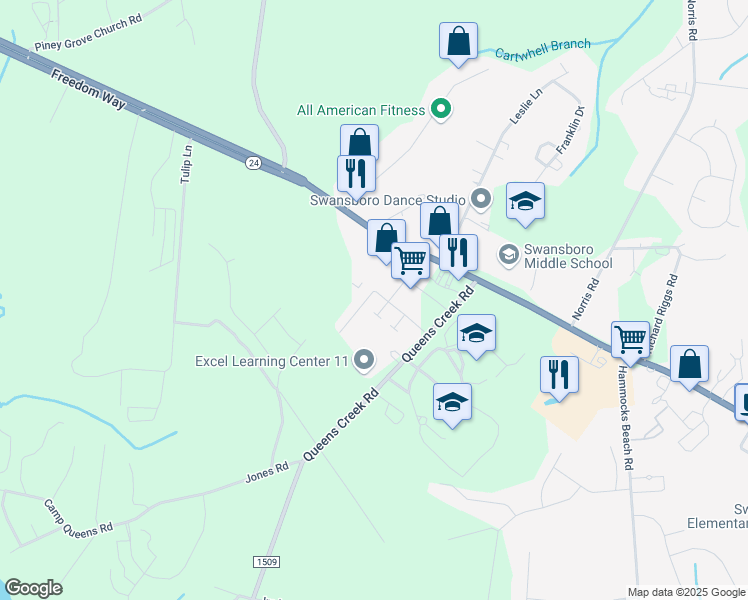 map of restaurants, bars, coffee shops, grocery stores, and more near 63 Pirates Cove Drive in Swansboro