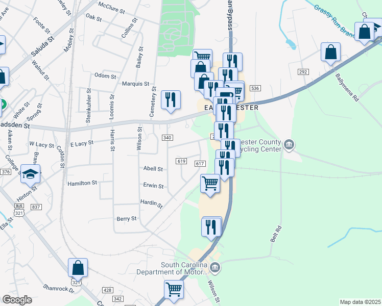map of restaurants, bars, coffee shops, grocery stores, and more near 609 McDowell Drive in Chester