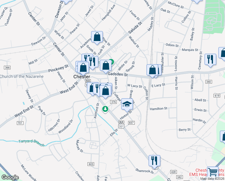 map of restaurants, bars, coffee shops, grocery stores, and more near 525 College Street in Chester