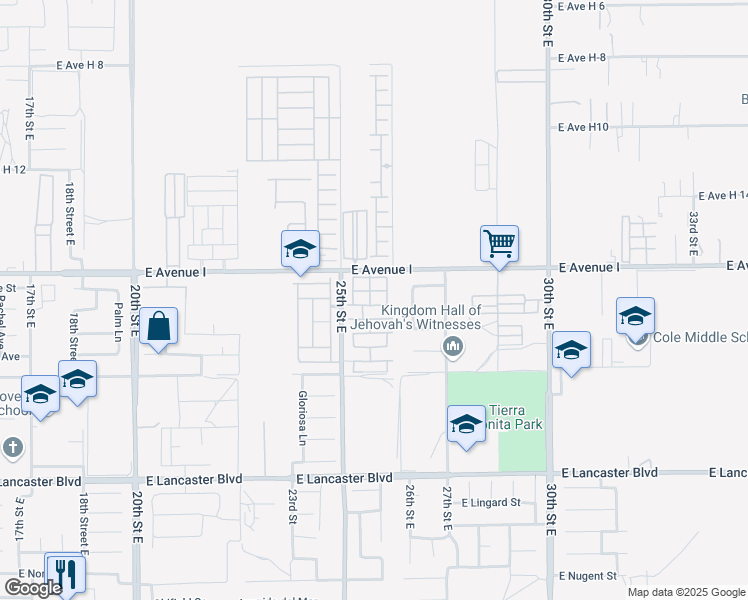 map of restaurants, bars, coffee shops, grocery stores, and more near 2550 East Avenue H10 in Lancaster