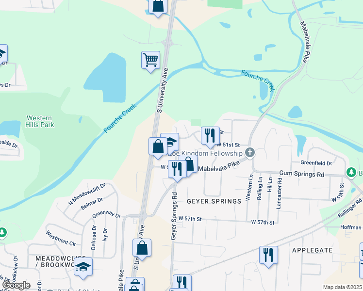 map of restaurants, bars, coffee shops, grocery stores, and more near 5201 Geyer Springs Road in Little Rock