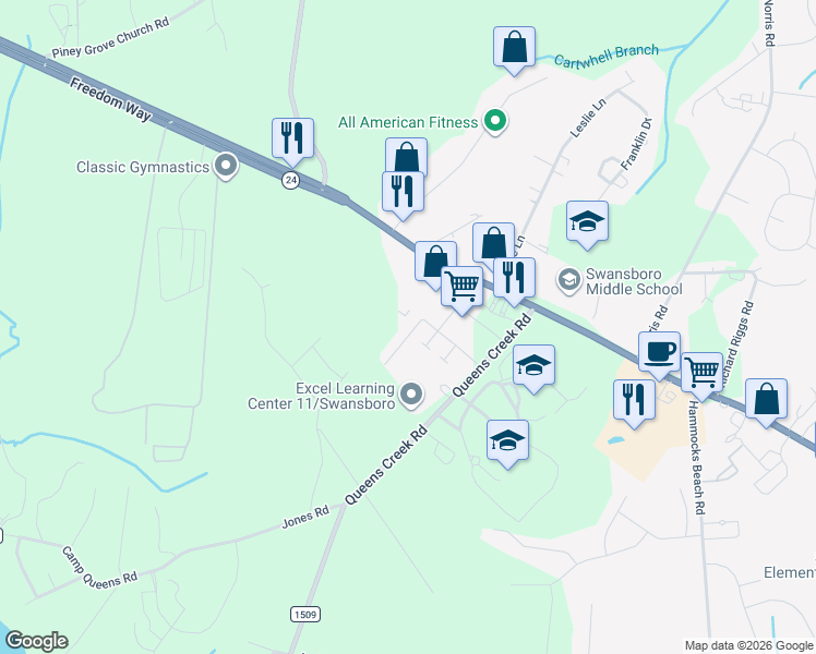 map of restaurants, bars, coffee shops, grocery stores, and more near 15 Pirates Cove Drive in Swansboro