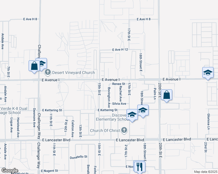 map of restaurants, bars, coffee shops, grocery stores, and more near 45015 Bevington Avenue in Lancaster