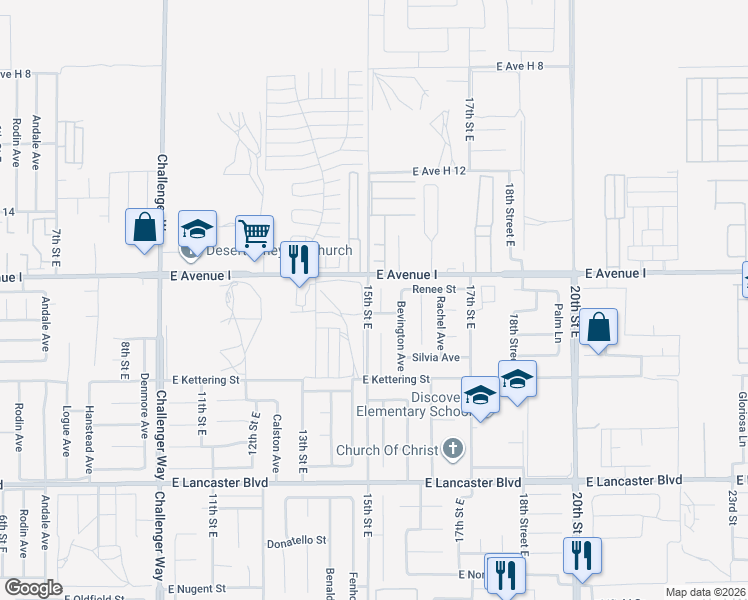 map of restaurants, bars, coffee shops, grocery stores, and more near 45117 Loma Vista Drive in Lancaster