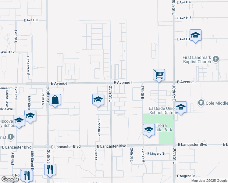 map of restaurants, bars, coffee shops, grocery stores, and more near 45111 25th Street East in Lancaster