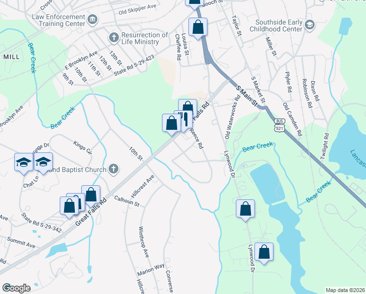 map of restaurants, bars, coffee shops, grocery stores, and more near 187-235 Great Falls Highway in Lancaster