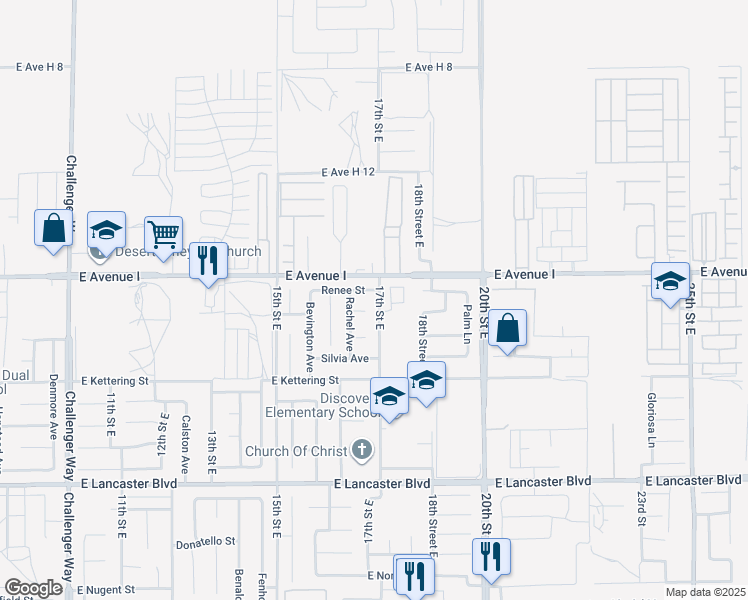 map of restaurants, bars, coffee shops, grocery stores, and more near 45133 17th Street East in Lancaster