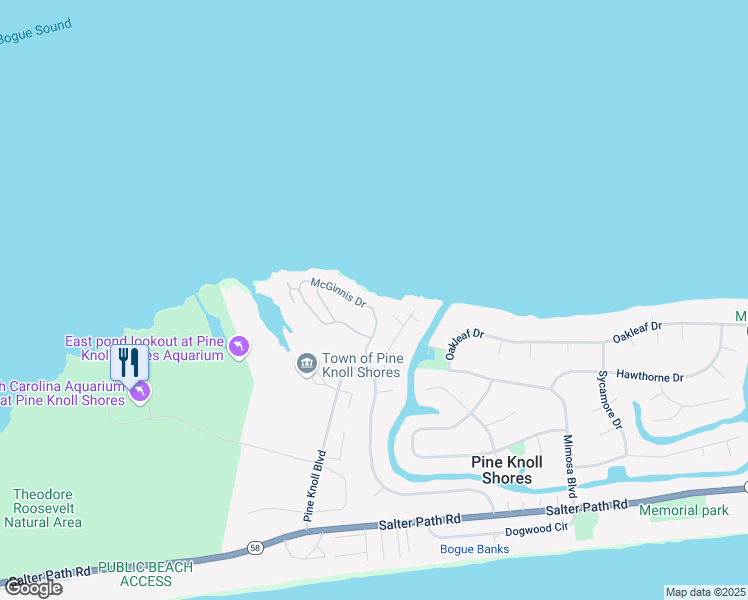 map of restaurants, bars, coffee shops, grocery stores, and more near 102 McGinnis Drive in Atlantic Beach