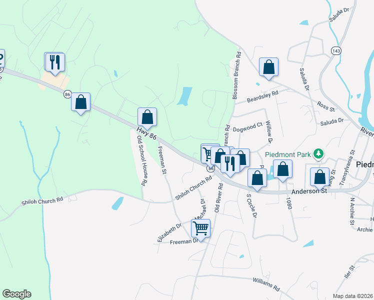 map of restaurants, bars, coffee shops, grocery stores, and more near 1130 South Carolina 86 in Piedmont