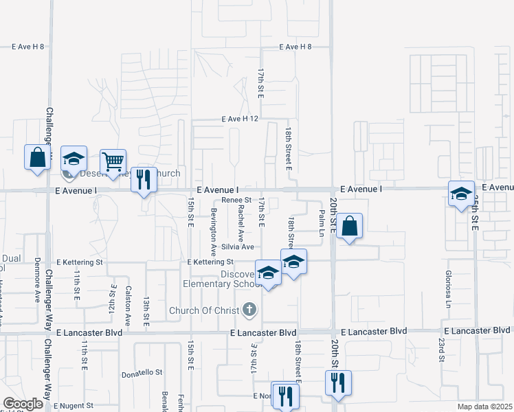 map of restaurants, bars, coffee shops, grocery stores, and more near 45133 17th Street East in Lancaster