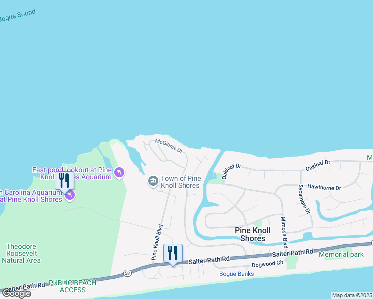 map of restaurants, bars, coffee shops, grocery stores, and more near 102 McGinnis Drive in Atlantic Beach