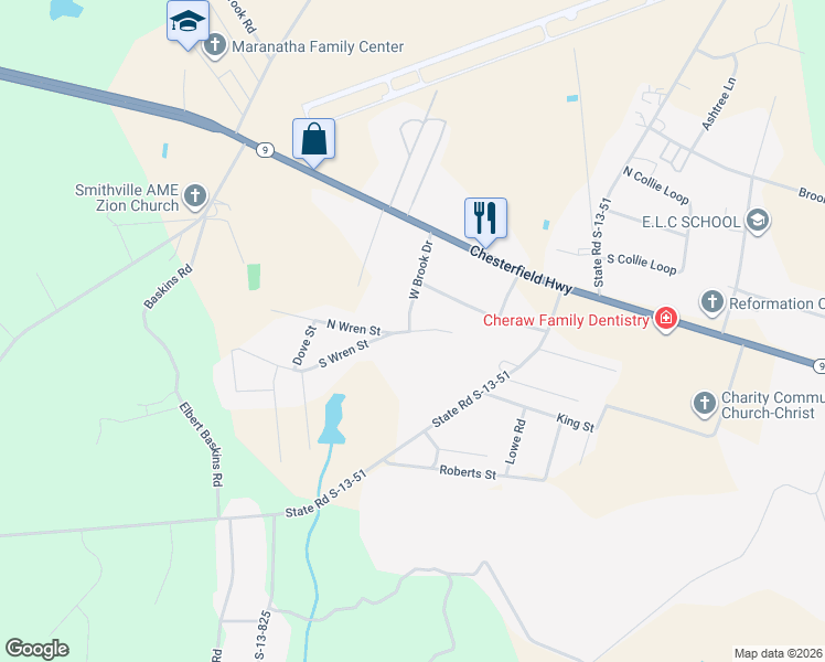map of restaurants, bars, coffee shops, grocery stores, and more near 111 West Brook Road in Cheraw