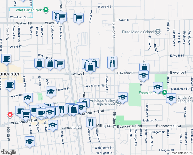 map of restaurants, bars, coffee shops, grocery stores, and more near 334 West Avenue I in Lancaster