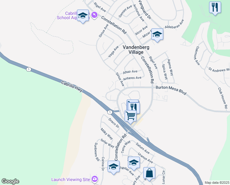 map of restaurants, bars, coffee shops, grocery stores, and more near 3962 Mesa Circle Drive in Lompoc