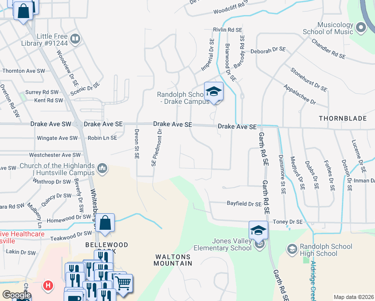 map of restaurants, bars, coffee shops, grocery stores, and more near 3004 Barcody Road Southeast in Huntsville