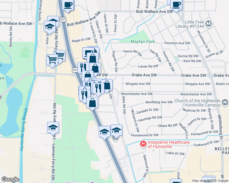 map of restaurants, bars, coffee shops, grocery stores, and more near 3033 Dupree Drive Southwest in Huntsville