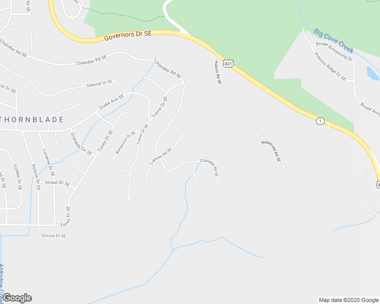 map of restaurants, bars, coffee shops, grocery stores, and more near 1611 Chandler Road Southeast in Huntsville