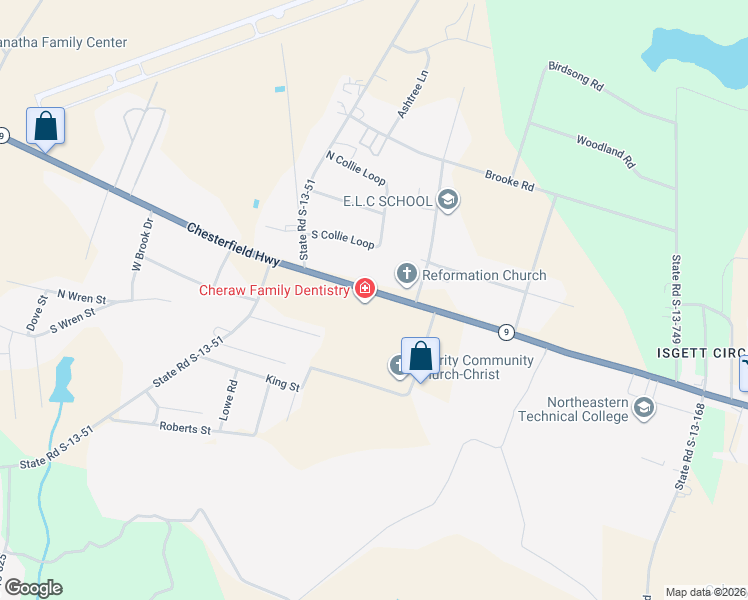 map of restaurants, bars, coffee shops, grocery stores, and more near 3261 Chesterfield Highway in Cheraw