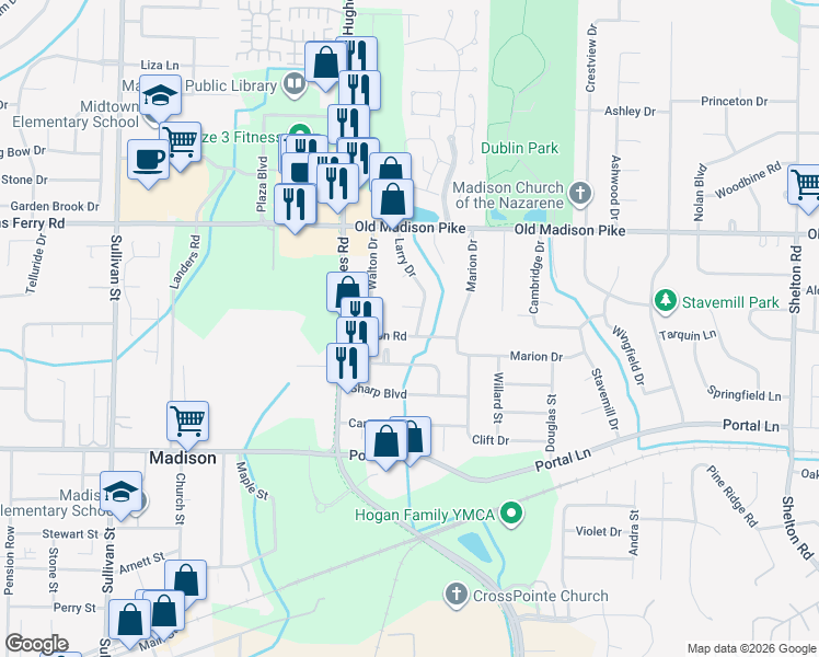 map of restaurants, bars, coffee shops, grocery stores, and more near 603 Larry Circle in Madison