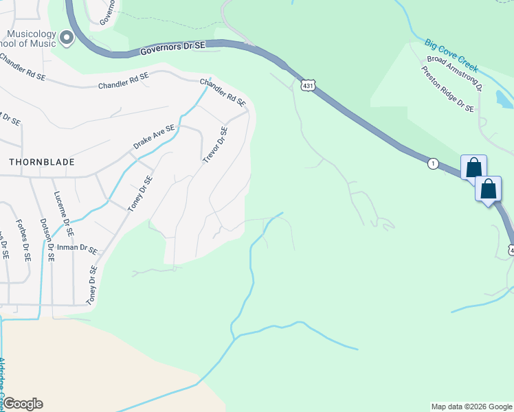 map of restaurants, bars, coffee shops, grocery stores, and more near 1611 Chandler Road Southeast in Huntsville