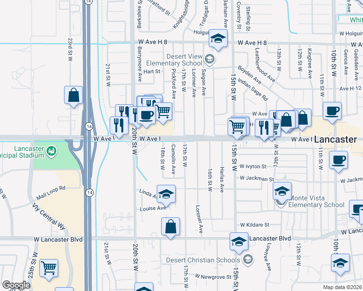 map of restaurants, bars, coffee shops, grocery stores, and more near 17th Street West in Los Angeles County