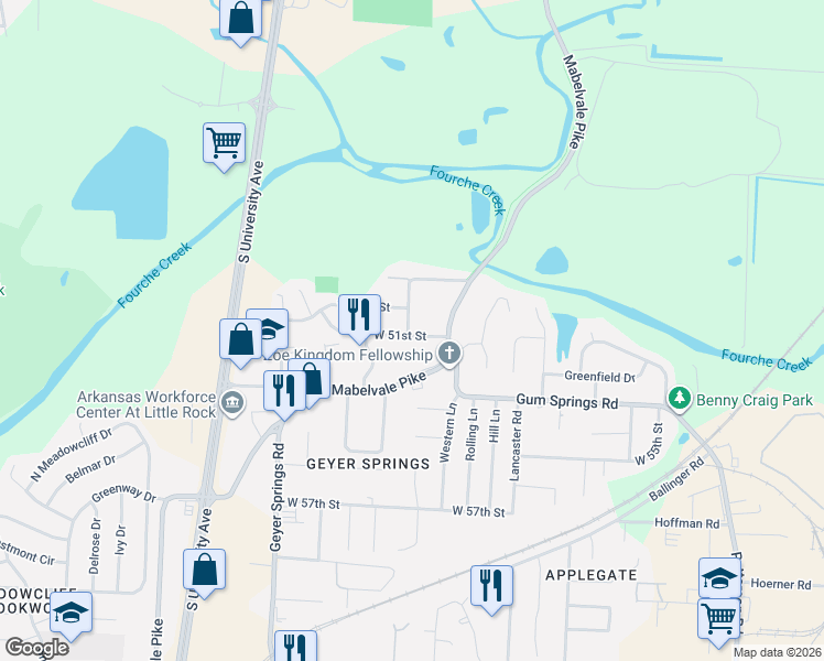 map of restaurants, bars, coffee shops, grocery stores, and more near 51 Western Court in Little Rock