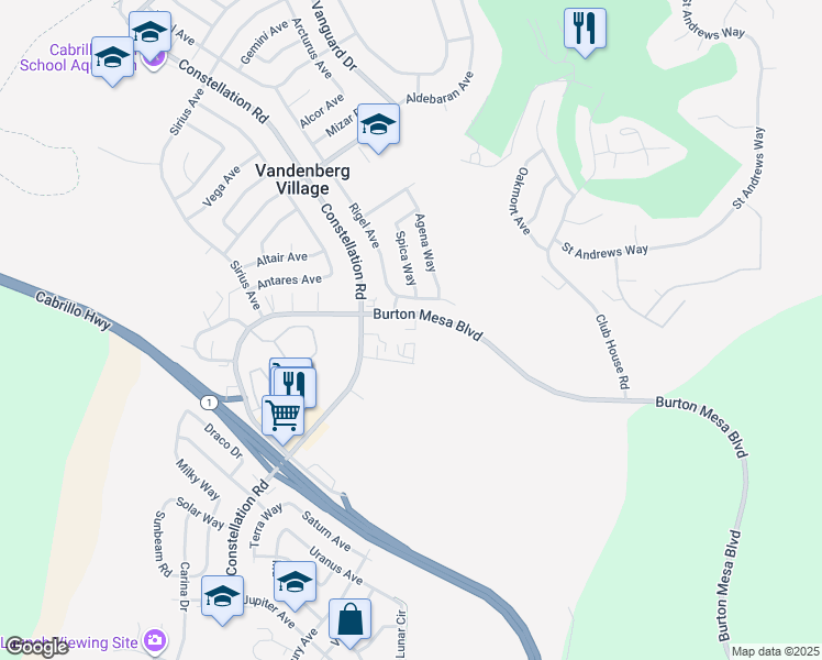 map of restaurants, bars, coffee shops, grocery stores, and more near 3932 Rigel Avenue in Lompoc