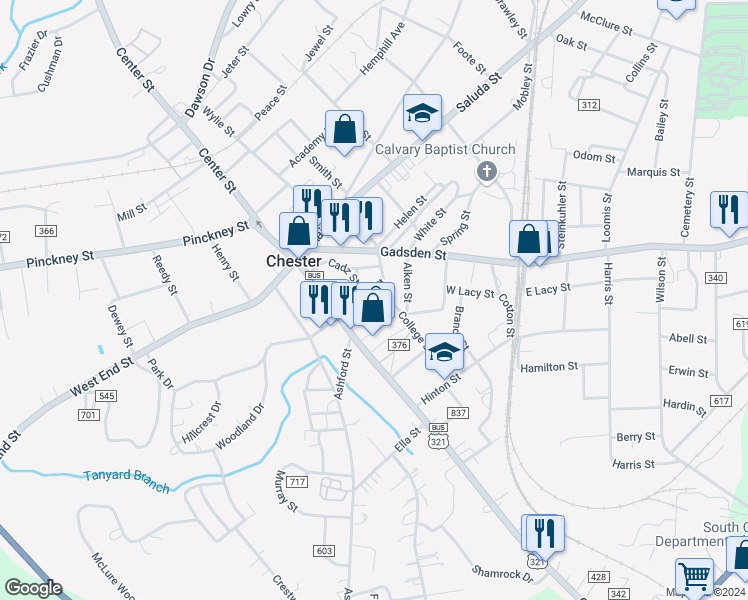 map of restaurants, bars, coffee shops, grocery stores, and more near 117 Church Street in Chester