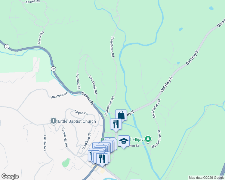 map of restaurants, bars, coffee shops, grocery stores, and more near 175 Boardtown Road in Ellijay