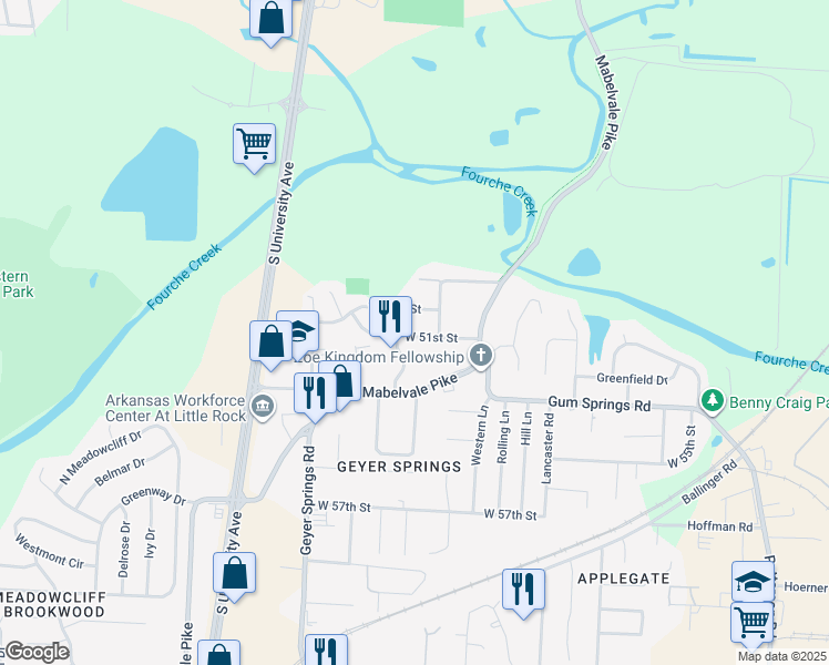 map of restaurants, bars, coffee shops, grocery stores, and more near 5701 West 50th Street in Little Rock