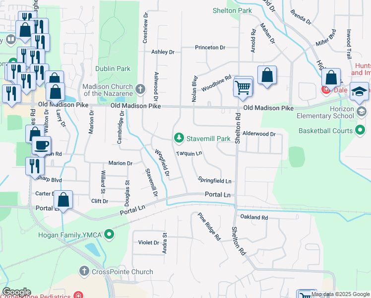 map of restaurants, bars, coffee shops, grocery stores, and more near 125 Betty Garrett Drive in Madison